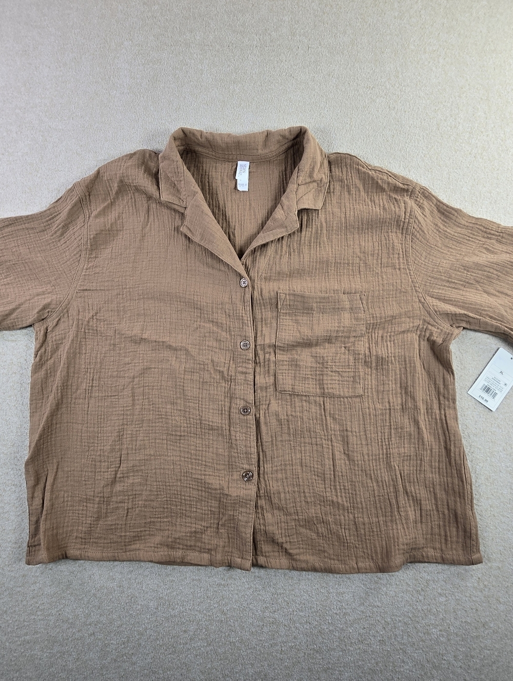 NWT Stars Above Womens XL Brown Cotton Gauze Button Front Lounge Sleep Top